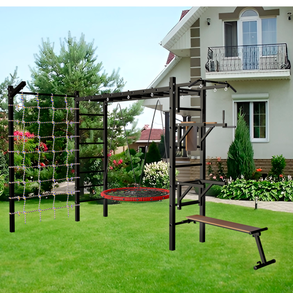 Уличная шведская стенка Sv Sport рукоход с комплектом турник прямой У5275.2 (Турник/Брусья/Стойка/Скамья/Гнездо 115см/Кронш бокс/Сетка)